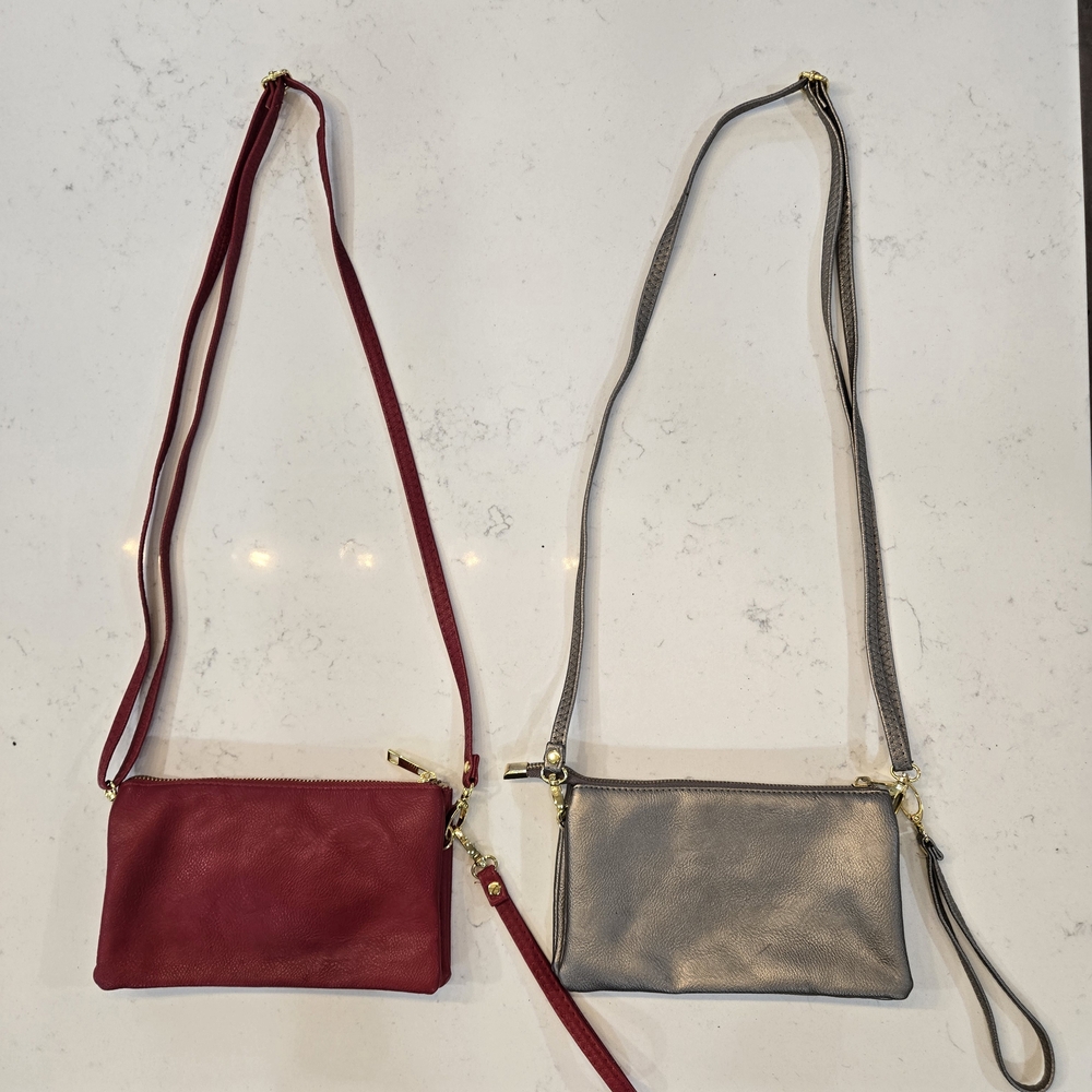 2 Red And Silver Cross Body Bags/Wristlets For $8. Lots Of Compartments.